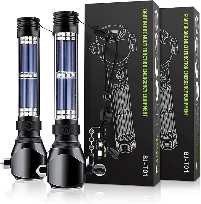 Delxo 2Pack Patriot Flashlight, Handheld Solar Powered Flashlights Cell Phone Charger, Multi Function Outdoor Car LED Flashlight with 2400mAh Battery, USB Charger, Rechargeable Flashlights