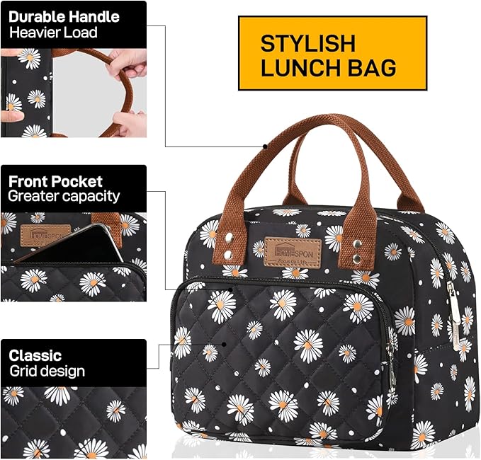 Buringer HOMESPON Lunch Bag for Woman Man Adults with Front Pocket Insulated Lunch Tote Lunch Box Container for Work Picnic or Travel(Daisy)