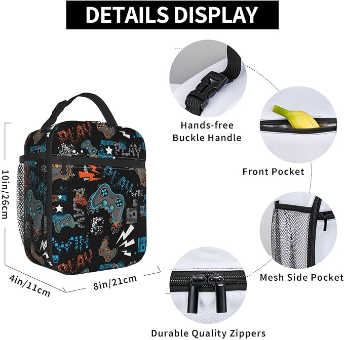 Cool Video Game Joystick Funny Portable Black Lunch Bag Insulated Lunch Box Reusable Totes For Women Men Work Picnic Camping Travel