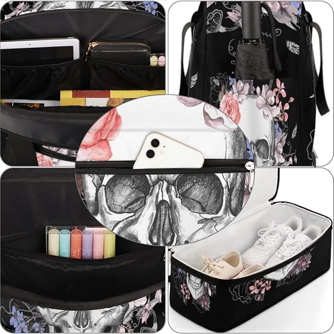 Sports Gym Bag, Sugar Skull Flower Halloween Travel Duffel Bag with Shoes Compartment Waterproof Overnight Bag Workout Weekender Bag Boys Girls Yoga Dance Bag Gym Tote Bag for Women Men