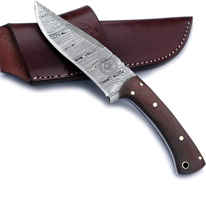 Handmade Damascus Steel Knife Bowie for Hunting, Survival,Camping,Bushcraft,Fishing,Fixed Blade with Recurve Full Tang Micarta Handle, Leather Sheath - WKD-776