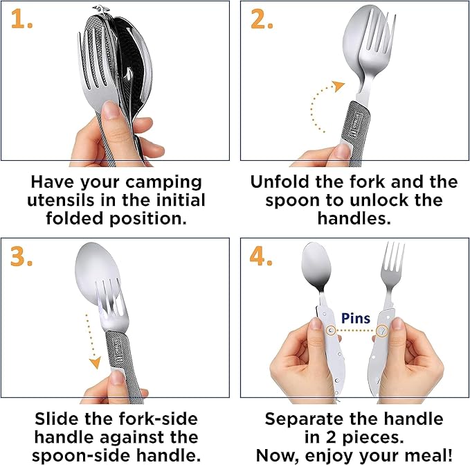 Orblue 4-in-1 Camping Utensils, 2-Pack - Portable Stainless Steel Spoon, Fork, Knife & Bottle Opener Combo Set - Travel, Backpacking Cutlery Multitool, Orange