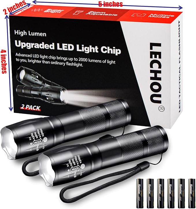 Tactical LED Flashlight, 3000 Lumens EDC Flashlight, Zoomable, Waterproof, Powerful Flashlights for Outdoor Camping, Hiking, Mini Flashlights for Gift Survival Emergency (4 Pack)
