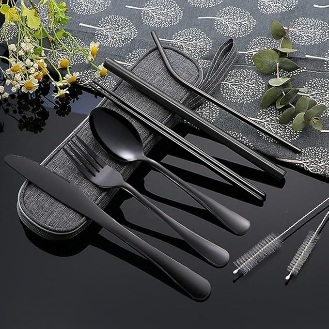 Portable Utensils Set,Reusable Travel Cutlery Set with Case Stainless Steel Flatware Set for Camping 8pcs Including Dinner Knife Fork Spoon Chopsticks Boba Straw (Black)