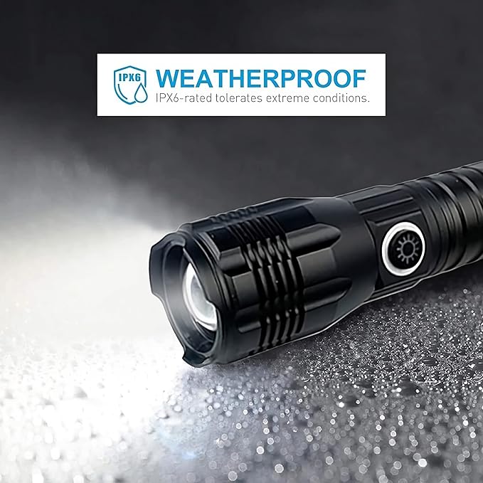 Ultra-Bright 10000 Lumen Rechargeable LED Flashlight - Zoomable, Water-Resistant, and Adjustable Brightness - Versatile Emergency Torch with 4 Modes for Outdoor Activities - Ideal for Camping, Hiking