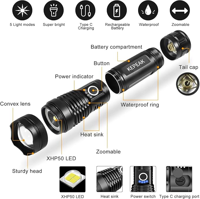 KEPEAK Flashlight, Rechargeable 5000 High Lumen Tactical Handheld Waterproof Zoomable LED Flashlight with 5 Light Modes for Emergency, Camping and Hiking