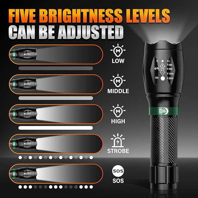 2 Pack LED Flashlights High Lumens with 6 AAA Batteries, 5 Modes Mini Waterproof Tactical Flashlight for Camping Hiking, Bright Flashlight with Zoomable, Fathers Day Dad Gifts for Him, Black & Green
