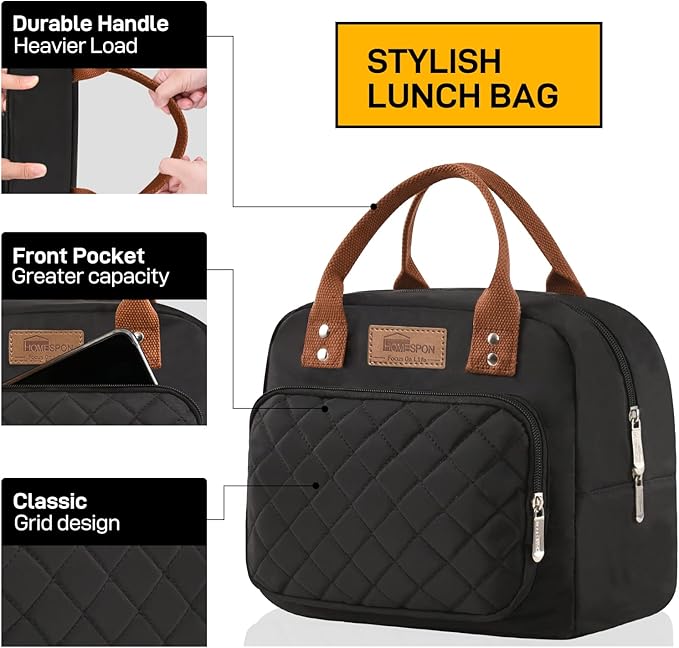 Buringer HOMESPON Lunch Bag for Woman Man Adults with Front Pocket Insulated Lunch Tote Lunch Box Container for Work Picnic or Travel(Black)