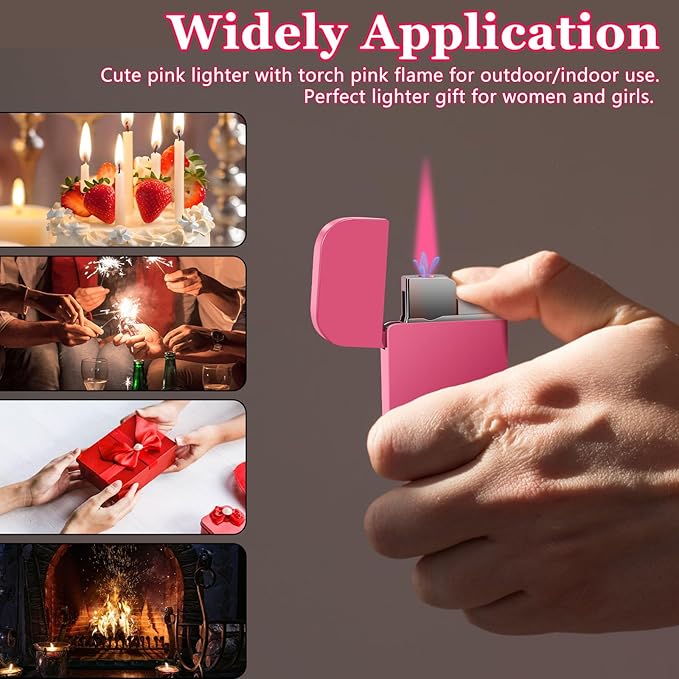 2 Pack Pink Flame Torch Lighter, Cute Pink Lighter,Refillable Butane Lighter, Windproof Torch Lighter for Outdoor Camping BBQ Candle,Nice Gift for Girls,Women on Birthday,Mother's Day Without Butane