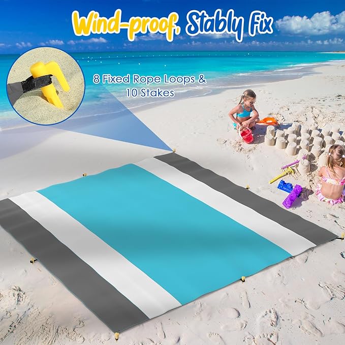 MoKo Sandproof Beach Blanket, Extra Large Beach Mat for Adults with 10 Stakes, Quick Drying Picnic Mat for Beach Travel Camping Hiking