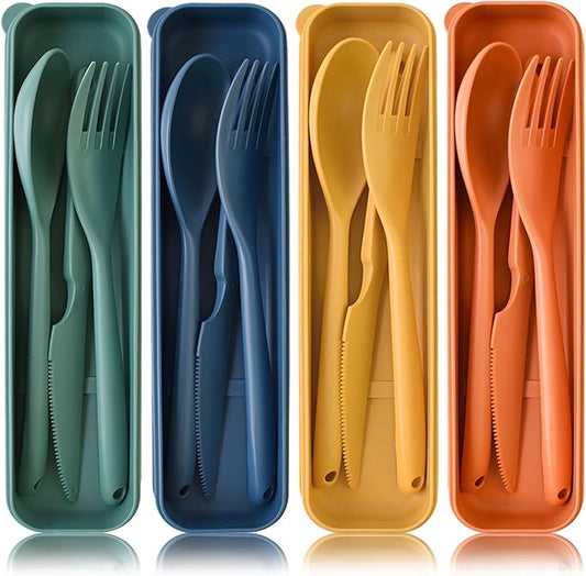 Large Reusable Utensils Set with Case, 4 Sets Wheat Straw Travel Cutlery Set, Portable Spoon Knife Fork Lunch Box Utensil Set for Adults