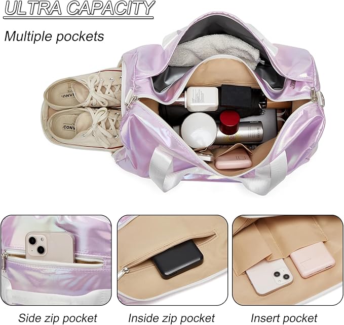 Sports Gym Dance Bag for Women Girls, Shimmery Waterproof Duffle Travel Bag With Shoes Compartment and Wet Dry Pocket (Purple)