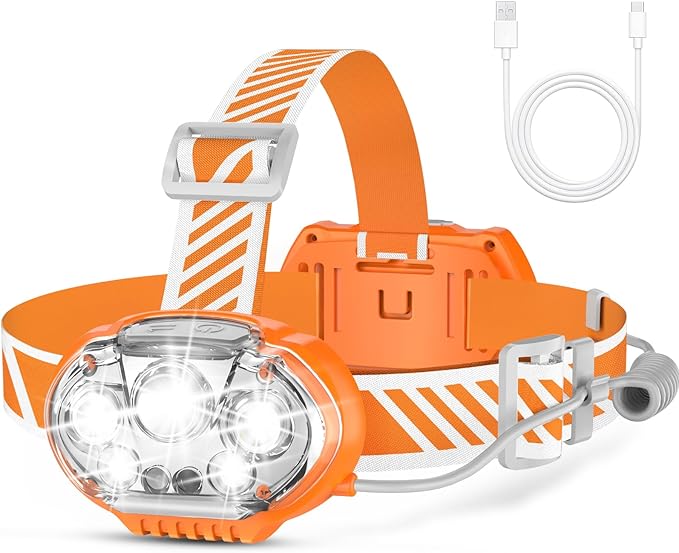 Rechargeable Headlamp, 20000 High Lumen 5 LED Head Lamp with Red White Light, IPX4 Waterproof Headlight,8 Mode Head Flashlight for Outdoor Running Hunting Fishing Hiking Camping Gear-Orange