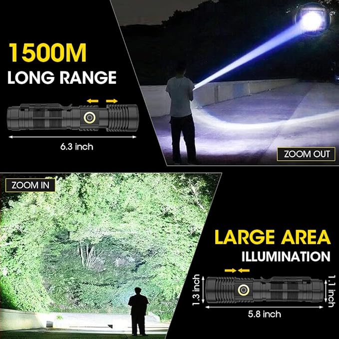 Rechargeable Flashlight High Lumens, 12000 High Lumens Super Bright Flash Light, 1500 Meter Long-Range Zoomable LED Flashlights for Emergency, EDC, Searching, Waterproof Flashlight Dimmable