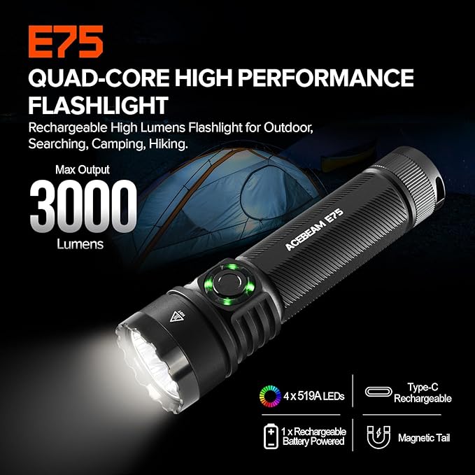 ACEBEAM E75 3000 High Lumens Flashlight with Magnetic Base, Super Bright LED Flashlight Rechargeable, IPX8 Water-Resistant Tactical EDC Flash Light, 26 Days Super Long Lasting for Camping,Everyday Use