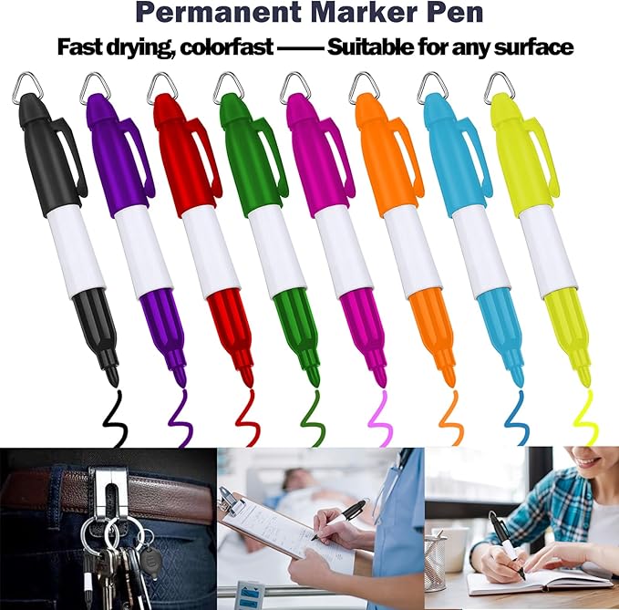 Mini LED Keychain Flashlights & Permanent Marker Pens, Badge Lights for Nurses 12 Lumen Battery Powered, Badge Reel Pen for Nurses Doctor Office Outdoor Gift - Multicolor Shell (16PCS)