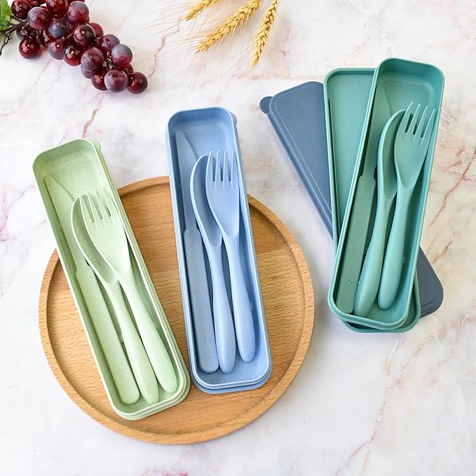 4 Set Reusable Utensils Set with Case, Travel Utensils with Case, Reusable Plastic Spoons and Forks Sets for Lunch Box Accessories, Portable Cutlery Set for Kids Adults Picnic Camping Work Use