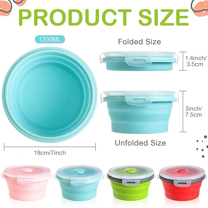 4 Pcs Camping Bowl with Lid Collapsible Silicone Bowl Lunch Box Salad Bowl Expandable Food Storage Container Set Folding Travel Bowl for Hiking Heat (Red, Pink, Blue, Green,41 oz)