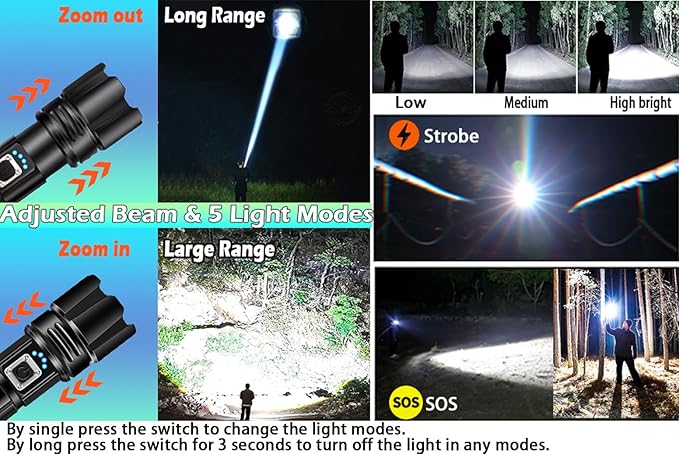 Rechargeable Flashlight, LED Flashlights High Lumens, 990000 Lumen Super Bright Flash Light Tactical 5 Modes Brightest, 15H Runtime Waterproof Zoomable for Emergency Camping Essential Hiking Gear Home