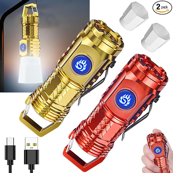 German Three-eyed Monster Mini Flashlight Thumb Flashlight, Mini Flash Super Power Flashlight, Multi-Functional Mini Pen Clip Flashlight Light Steel High Lumen Rechargeable Waterproof (Red+Gold)