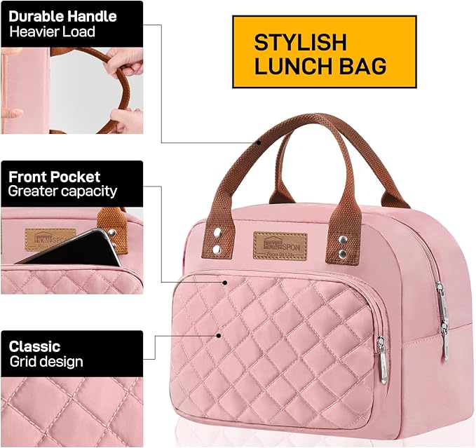 Buringer HOMESPON Lunch Bag for Woman Man Adults with Front Pocket Insulated Lunch Tote Lunch Box Container for Work Picnic or Travel(Pink)