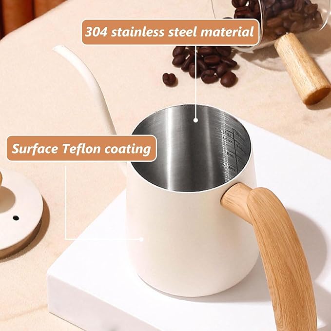 Pour Over Coffee Kettle Gooseneck Tea Pot 304 Stainless Steel Hand Coffee Maker Kettle-Barista Pour Control Design,Wood Handle and Long Narrow Spout Camping Kettle(Color: white,Size:20oz)