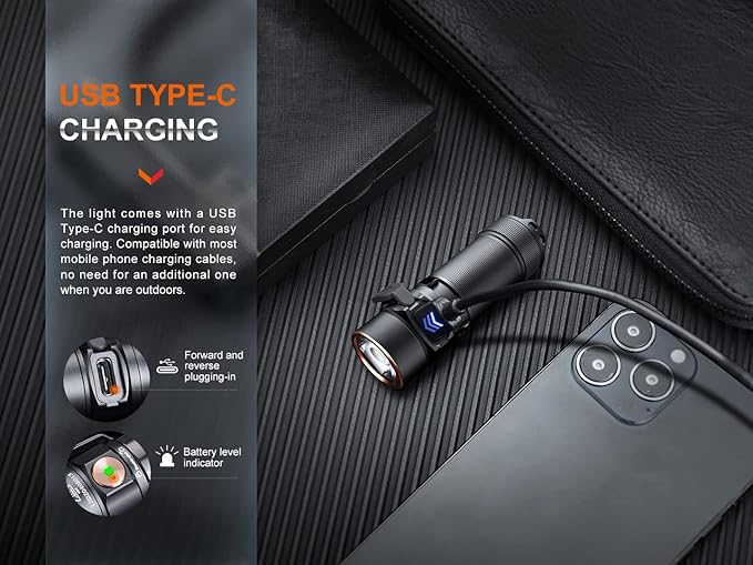Fenix E18R V2.0 EDC Flashlight, 1200 Lumens USB-C Rechargeable Ultra Compact Pocket Light with Lumentac Organizer (Black)