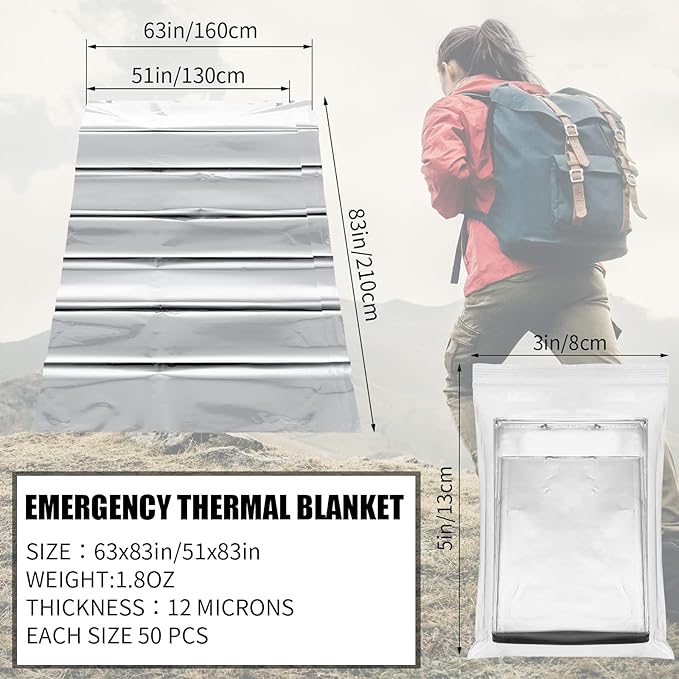 100 Pack Emergency Mylar Thermal Blankets 2 Size Silver Foil Survival Blanket Space Blanket Survival Kit for Outdoors Camping Hiking Survival First Aid Adult Kid