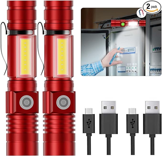 Flashlight USB Rechargeable, Magnetic LED Flashlight, Super Bright LED Tactical Flashlight with Cob Sidelight, 2000LM, Waterproof, Zoomable Best Small LED Flashlight for Camping, Emergency -Red