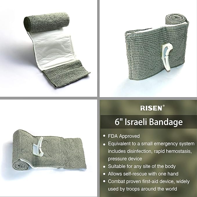 RISEN Israeli Bandage Vacuum Sterile Compression Bandages for First Aid Emergency Battle Wound Dressing Self-Rescue, 6 Inch, 1 Pack