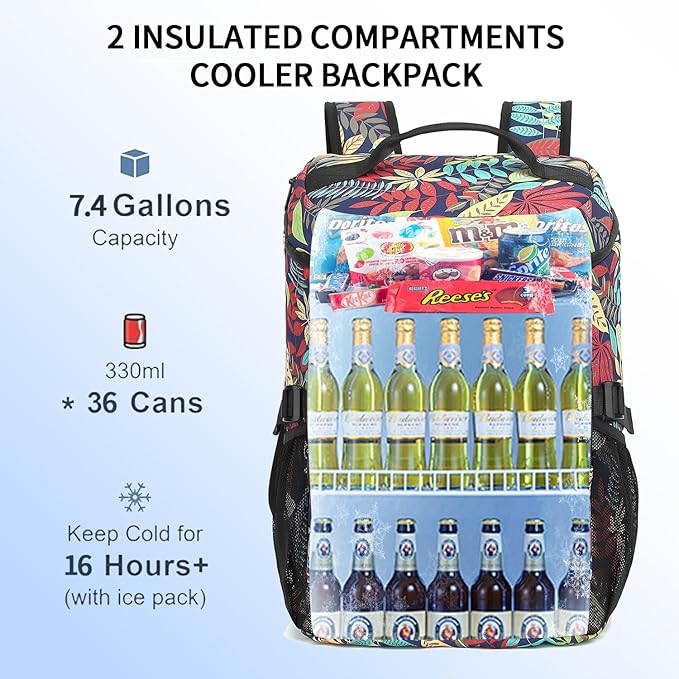 Kalesi Cooler Backpack 36 Cans Lightweight Insulated Backpack Cooler Leak-Proof Travel Camping Lunch Backpack Outdoor Cutlery Backpack for Men and Women
