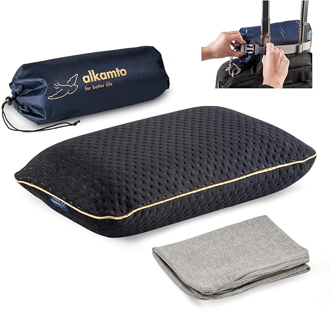 Travel & Camping Comfortable Memory Foam Pillow with Extra Cotton Cover – Easy to Carry Portable Bag