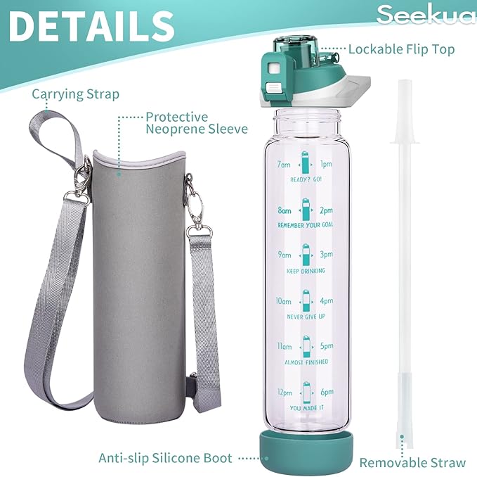 32 oz Sports Glass Water Bottle with Straw and Time Marker, Large Resuable Motivational Glass Drinking Bottle for Infused Water, Fruit, Smoothie, Coffee