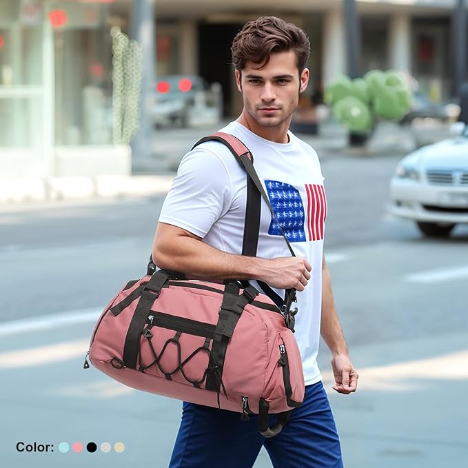 Unisex Travel Duffle Bag for Men Women, Waterproof Gym Bag with Shoe Compartment & Football Compartment, 32L Carry on Bag for Sports & Fitness, Pink
