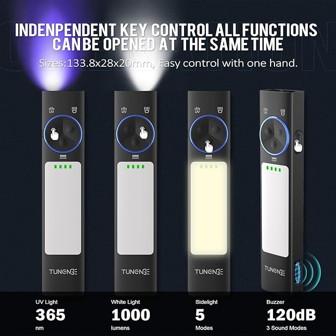 YC8003 365nm Black Light Flashlight, 1000 Lumen White Light EDC Pocket Flashlight, USB C Rechargeable Flat Flashlight for Hiking, Camping, Outdoor Distress, Pet Urine Detection(6500K)