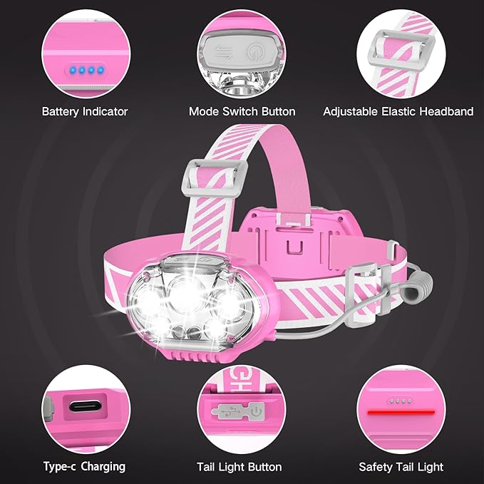 Rechargeable Headlamp,20000 High Lumen Bright 5 LED Head Lamp with Red White Light,IPX4 Waterproof Headlight,8 Mode Head Flashlight for Outdoor Running Hunting Fishing Hiking Camping Gear-Pink