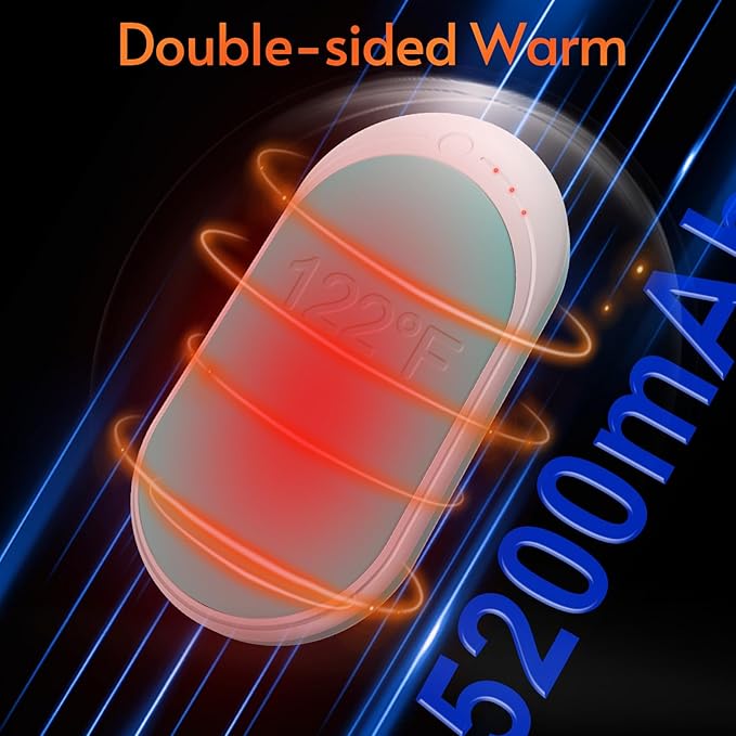 Hand Warmers USB Rechargeable 5200 mAh 1 Pack Electric Portable Reusable Pocket Power Bank Double-Sided Heaters for Heat Therapy Great, Raynauds, Hunting, Golf, Camping, Women Mens Winter Gifts