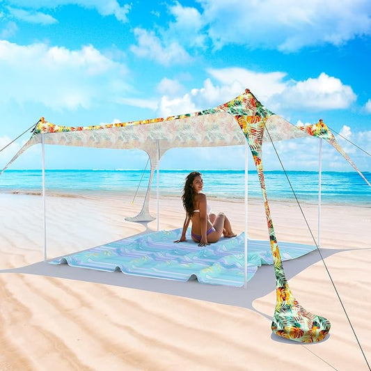 Beach Tent Pop Up Sun Shade Canopy Sun Shelter UPF50+ with 4 Stability Poles/Carry Bag/Ground Pegs/Sand Shovel/Windproof Ropes Portable Outdoor Family Sunshade for Beach Camping Fishing Picnic
