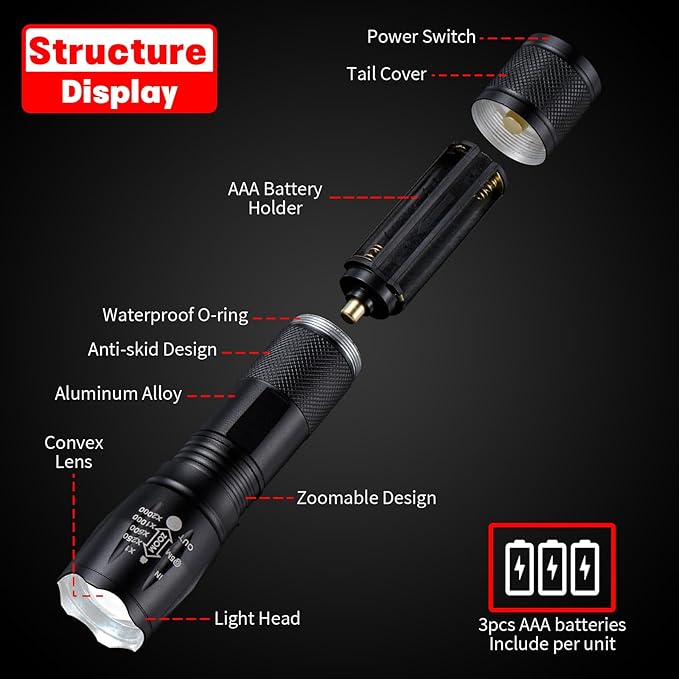 Tactical LED Flashlight, 3000 Lumens EDC Flashlight, Zoomable, Waterproof, Powerful Flashlights for Outdoor Camping, Hiking, Mini Flashlights for Gift Survival Emergency (4 Pack)