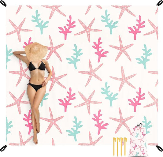 Beach Blanket Waterproof Sandproof, 78''×86'' Large Beach Mat Sand Free, Lightweight Compact Foldable Picnic Blankets w/ 4 Stakes & Pockets for Camping, Travel, Beach Vacation Essential Accessories