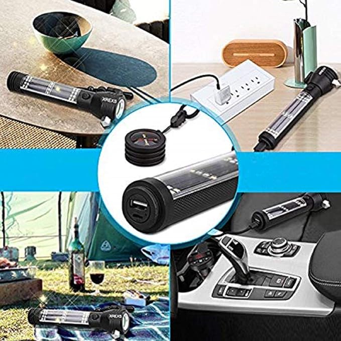 XREXS Solar Powered LED Car Flashlight Multi-Function Solar Escape Rescue Flashlight, USB Charger and Solar Charger, Portable Flashlight for Hiking, Camping, Traveling