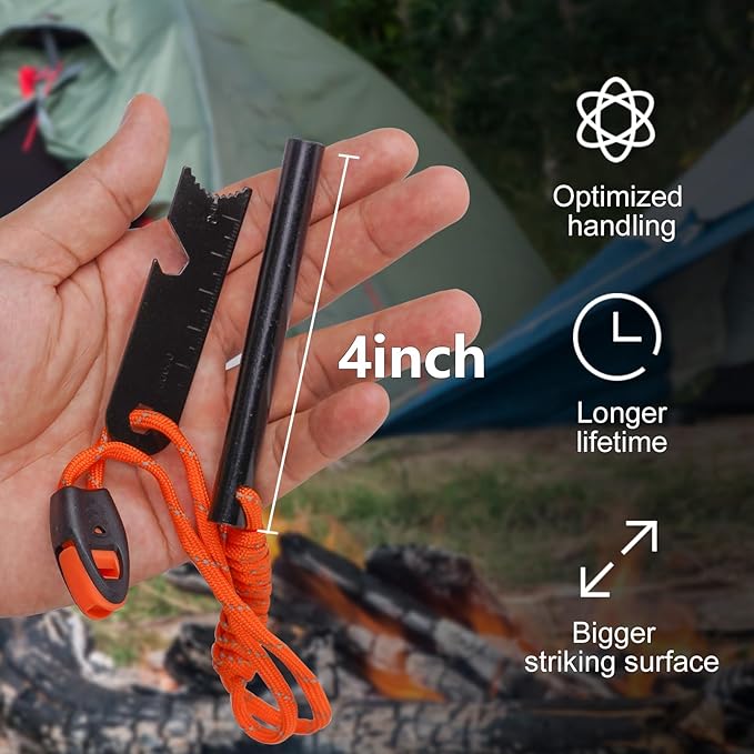 Ferro Rod Fire Starter 4 Pack Flint Fire Starter Survival Tool Flint and Steel Fire Starter Kit 6-in-1,Fire Steel with Paracord and Whistle for Camping, Hiking, Hunting, Emergency Rescue…
