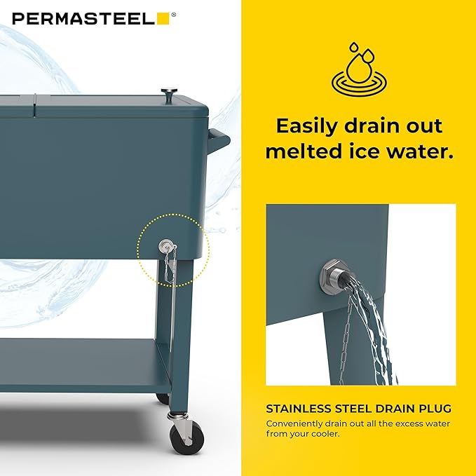 Permasteel 80-Qt Outdoor Patio Cooler with Removable Basin, Outside Beverage Cooler Cart, Rolling Cooler with Wheels and Handles, Teal Green
