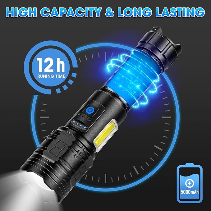 KINGCAESAR Rechargeable Flashlights High Lumens, 990000 Lumens Super Bright Flashlight, 7 Modes LED Flashlight, IPX7 Waterproof, Powerful Flash Light for Home, Camping