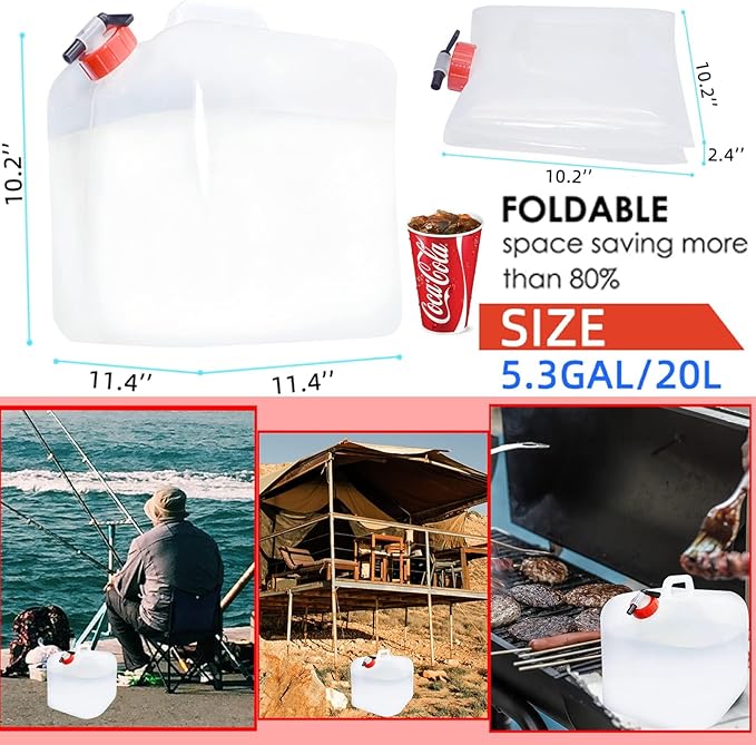42Gallon Water Storage Container, 8PCS x 5.3Gal/20L, Emergency Water Jug Bags with Spigot, Collapsible Water Containers, BPA-Free Water Bottle Survival Kit for Outdoor Fishing, Camping, Hiking