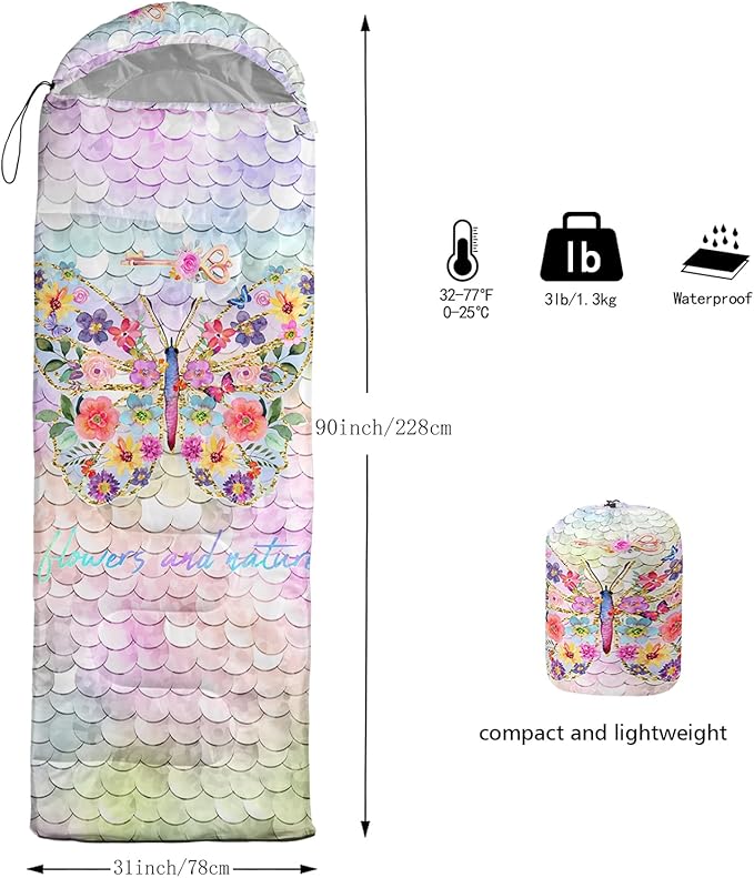 Camping Sleeping Bags,Mermaid Horse Butterfly Starry Sky 3 Season Warm & Cool Weather,Lightweight,Waterproof Sleeping Bags for Adults & Kids,Traveling,and Outdoors,Camping Gear Equipment