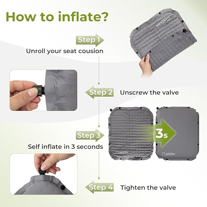 ATEPA Inflatable Stadium Seat Cushion, Self-Inflating Memory Foam Stadium Seats Camping Accessories Chair Pad for Outdoor Airplane Travel Bleacher Patio Backpacking