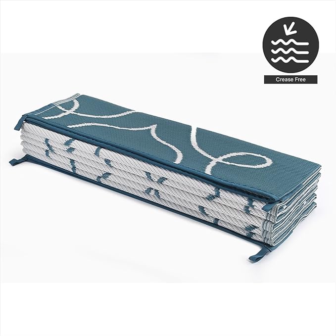 FH Home Outdoor Camping Rug - Waterproof, Fade Resistant, Reversible - Premium Recycled Plastic - Moroccan Lattice Tile - Large Patio, Deck, Sunroom, RV - Syracuse - Sea Green - 9 x 12 ft Foldable