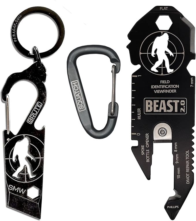 BEAST (Bigfoot Expedition and Survival Tool) Multi-Tool & Bottle Opener, Bigfoot gift for fans of Sasquatch, Yeti, Camping, Hiking - With Screwdriver, Wrench, Carabiner, Box Opener (BEAST 2.0 & BRUTE)