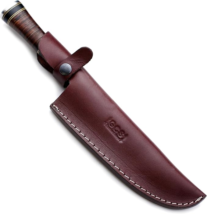GCS Handmade Stacked Leather Handle D2 Tool Steel Chef Knife with leather Buffalo Hide Sheath 130